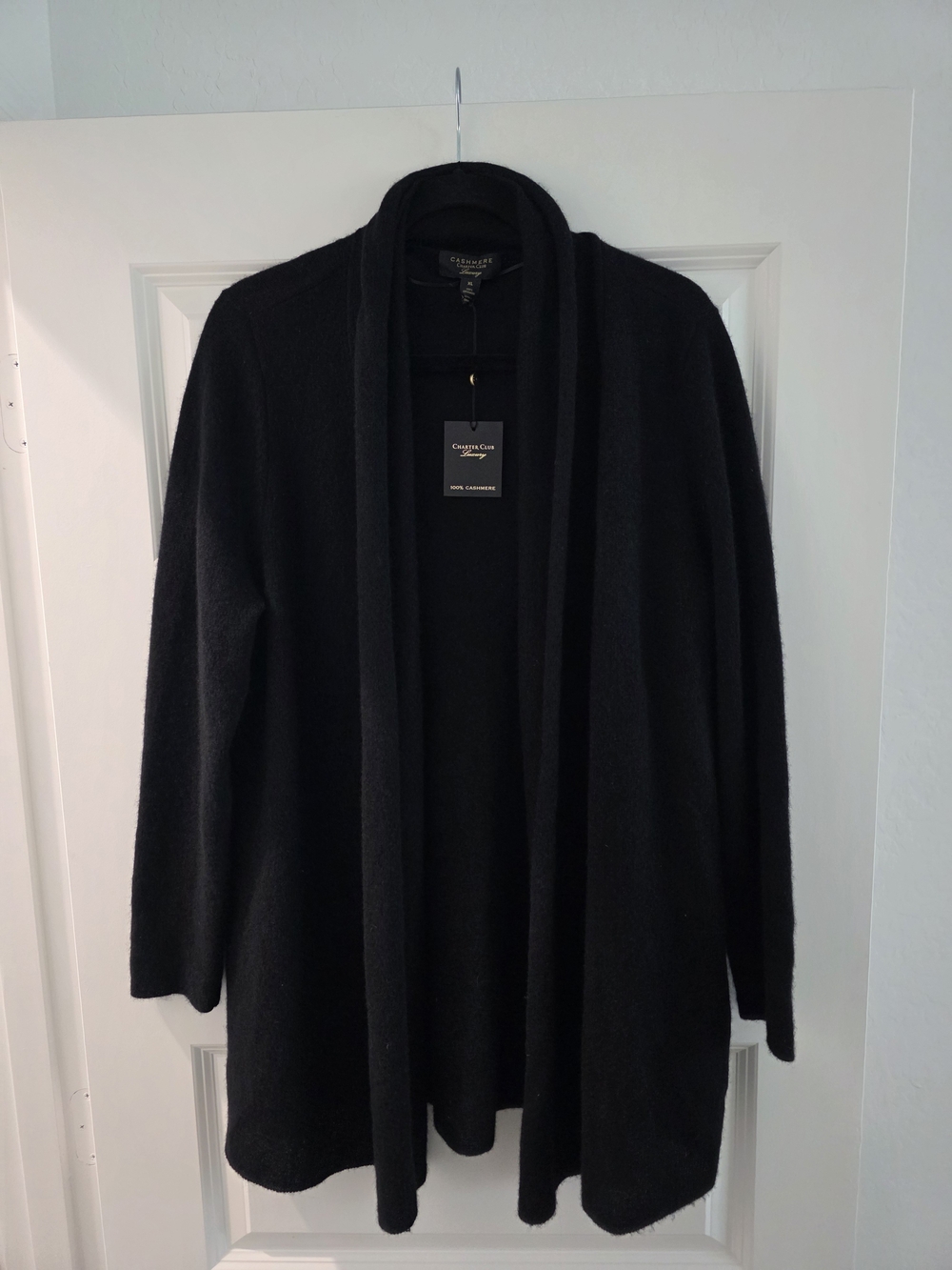 NWT 100% Cashmere Charter Club Black Women's Long Open Cardigan Sweater. XL.